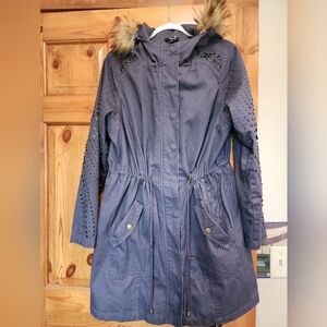 Torrid Women's Gray Embelished Twill Parka with Faux Fur Trim Hood, Size 2